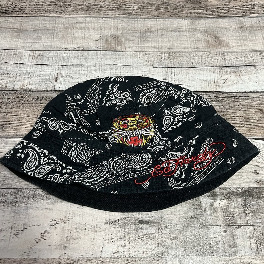 Ed Hardy Bucket Hat One Size Black Embroidered Paisley Tiger Y2k Punk Grunge